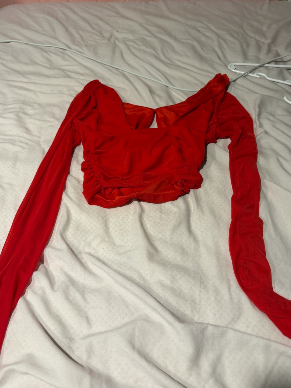 Forever 21 Red Ruched Long-Sleeve Square Neck Crop Top